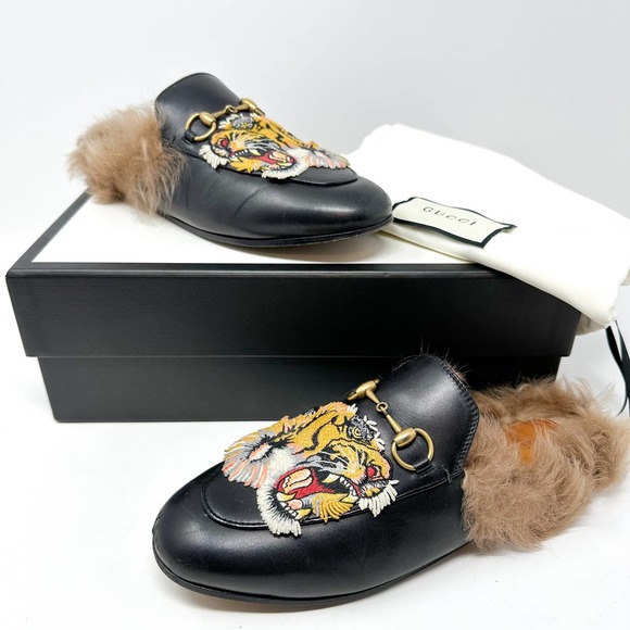 Gucci Princetown Tiger Fur Lined Round Toe Horsebit Canvas Flat Loafer Mules - Picture 1 of 13